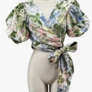 Urban Outfitters Floral Puff-Sleeve Wrap Top in Green, Blue & Pink